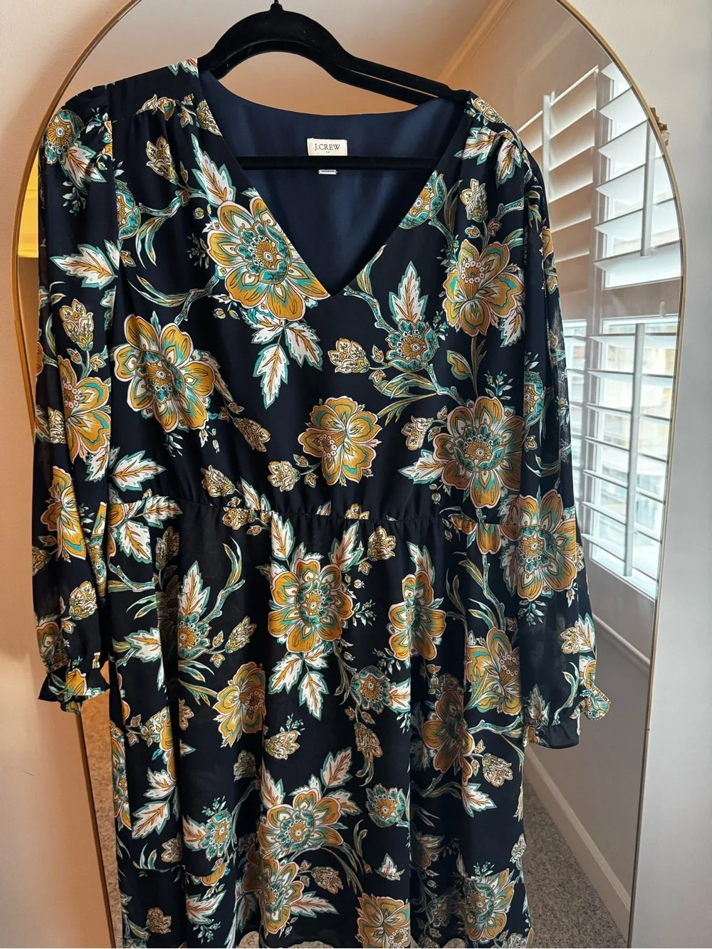 J. Crew Navy Blue Floral Long Sleeve V-Neck Midi Dress